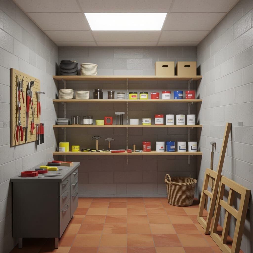Realistic 3D Masonry Room with Tools and Shelving