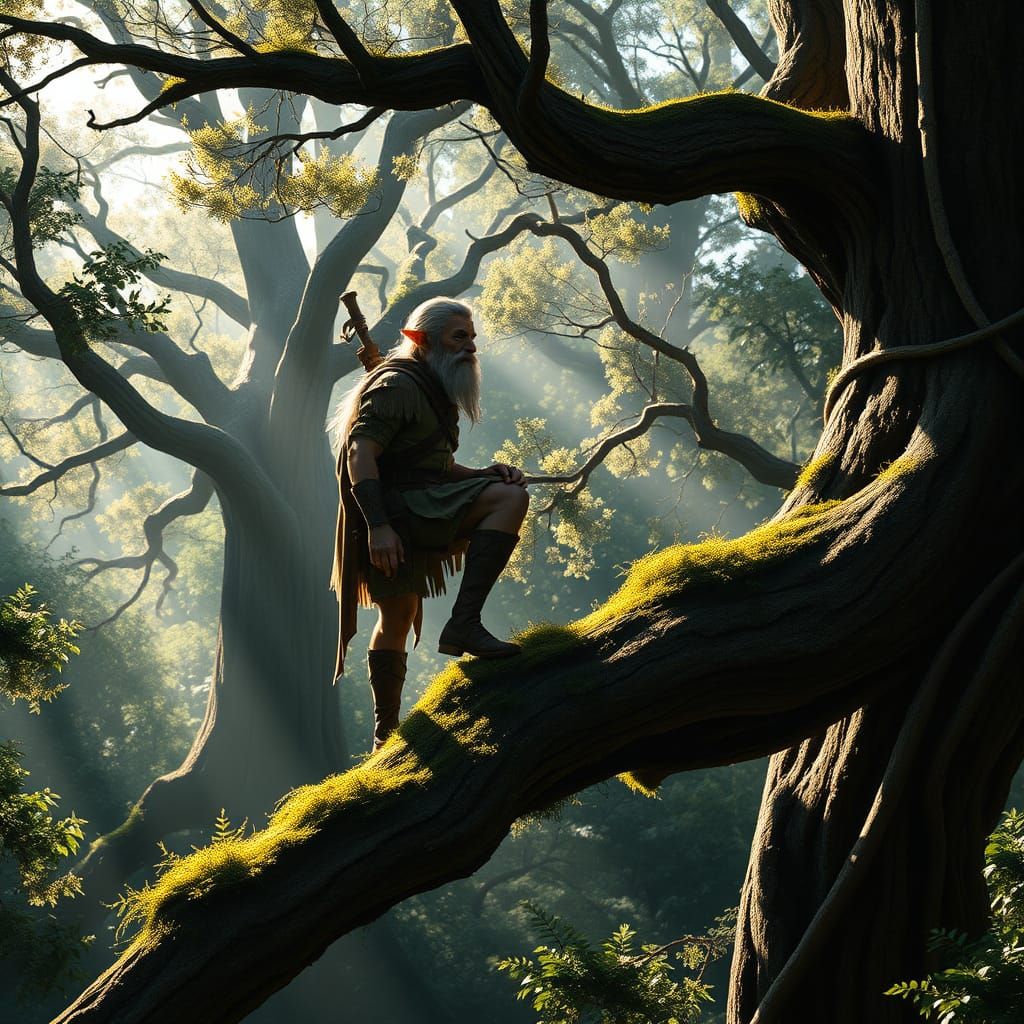 Wise Wood Elf Ranger in Sun-Dappled Forest Clearing