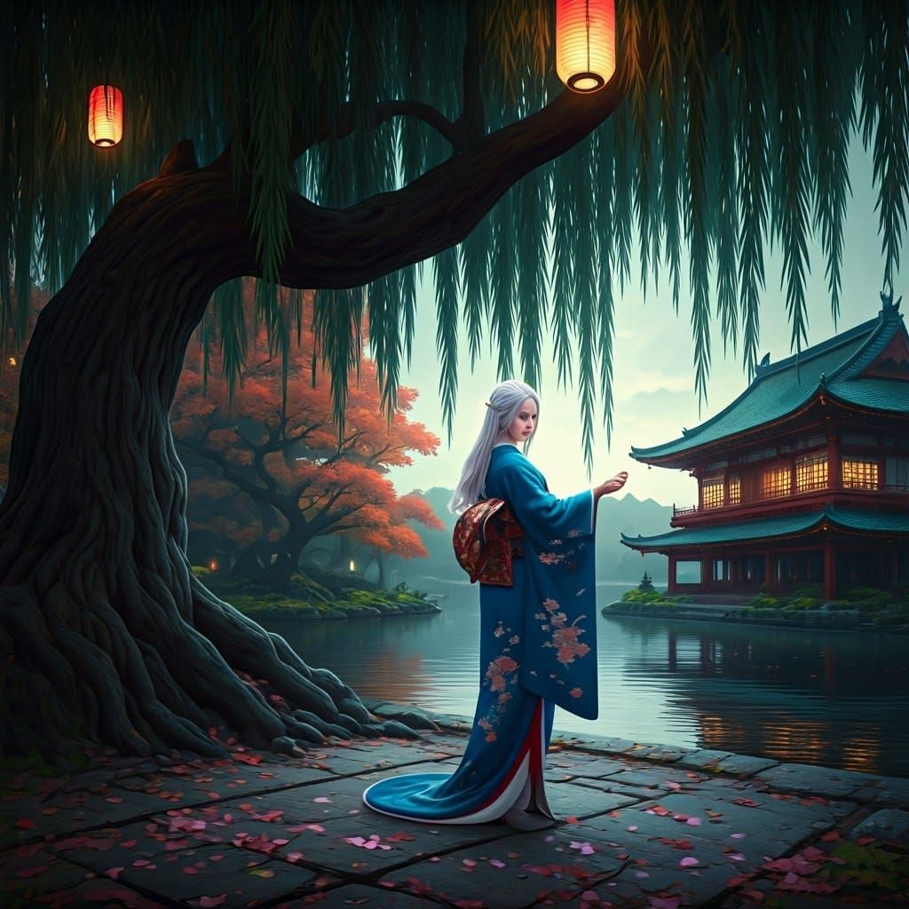 Geisha Dancing Under Ahorn Trees at Night
