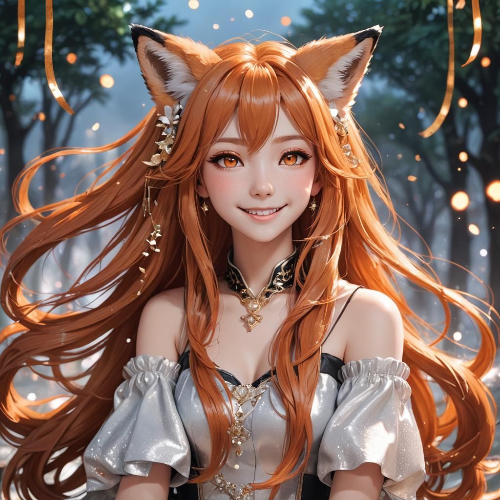 Anime Fox Girl with Orange Hair and Tail