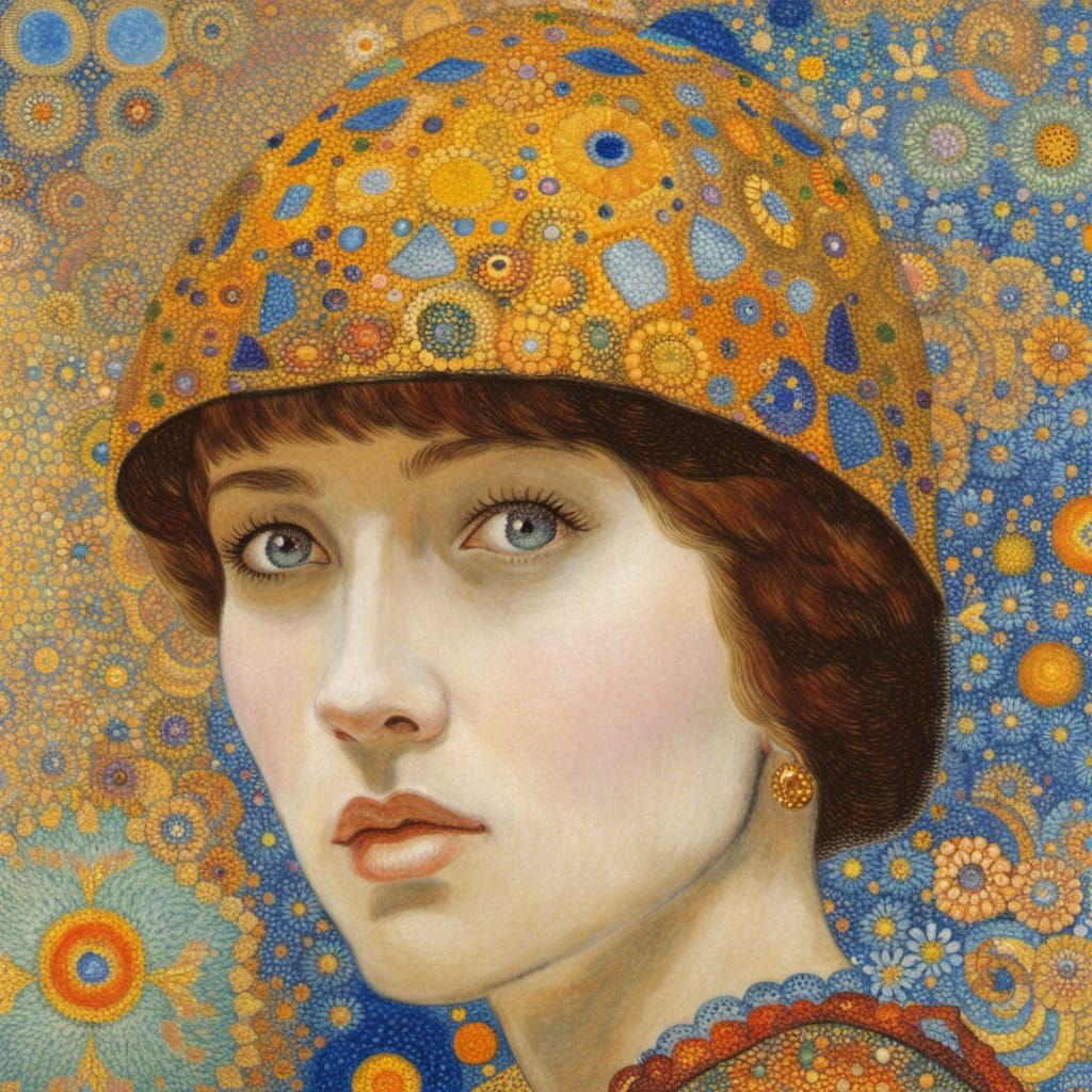 Pointillist Painting of a Young Woman in Jewel Tones