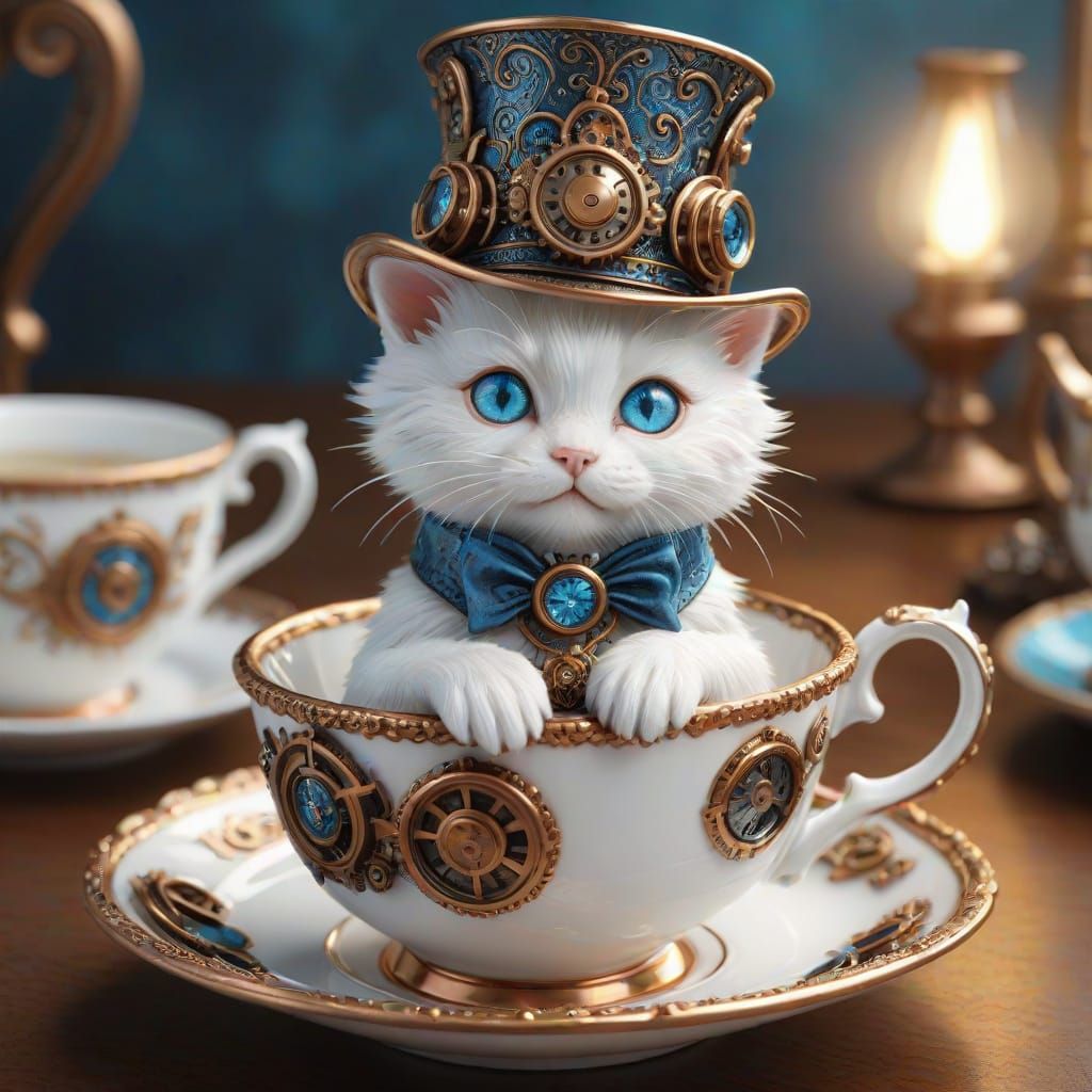 Steampunk Kitten in Elegant Teacup