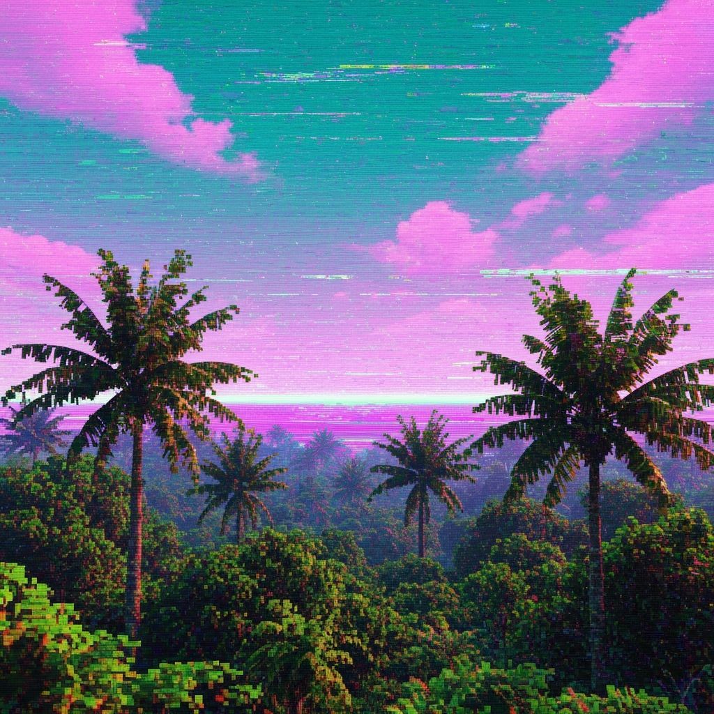 Glitch Art Tropical Jungle With Distorted Neon Sky