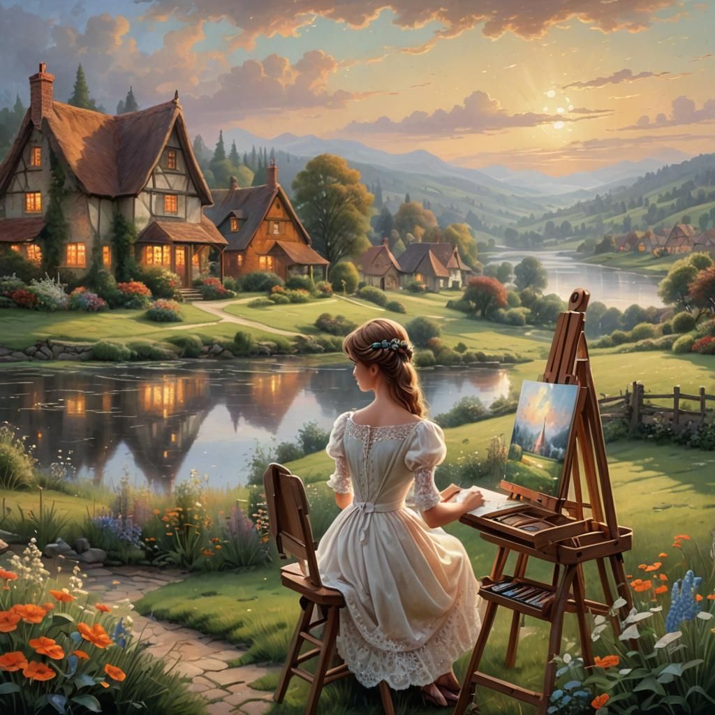 Ethereal Valley Scene as a Thomas Kinkade Painting