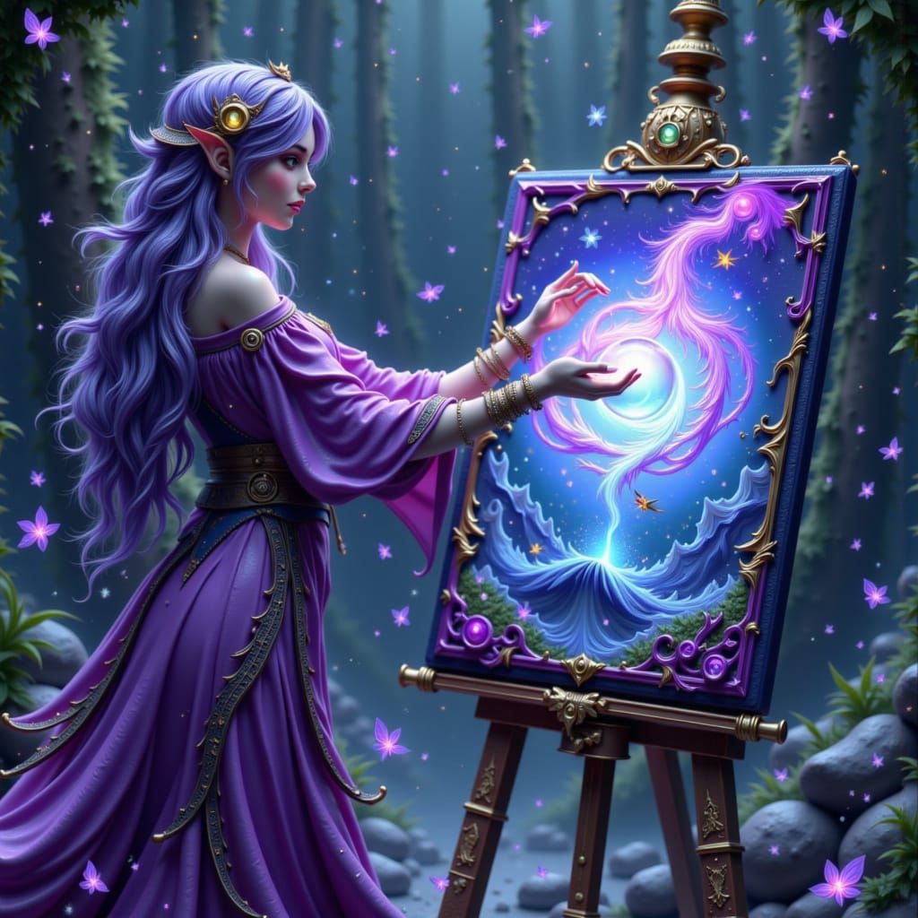 Sorceress Pulls Objects from Surreal Painting