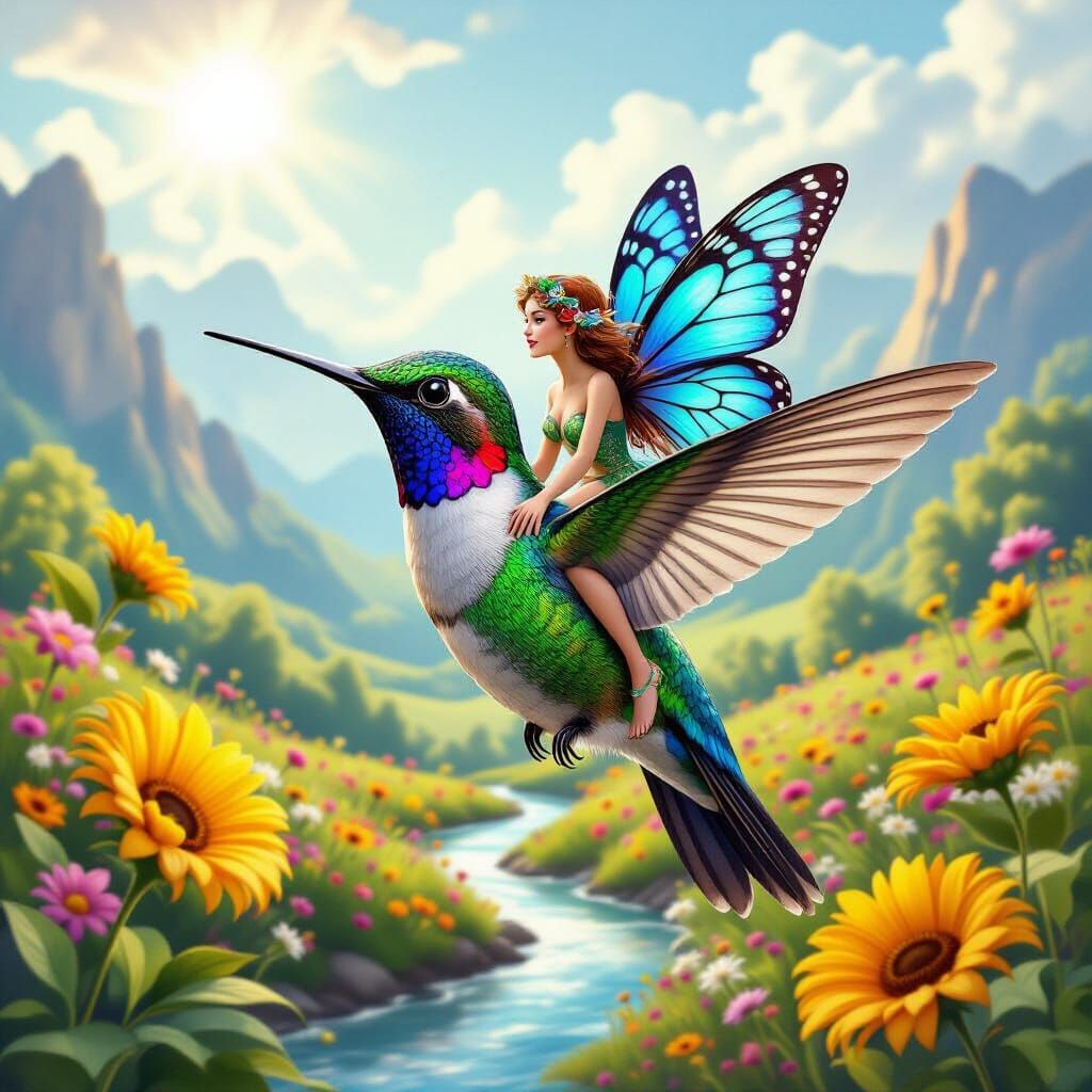 Fairy Riding a Hummingbird in Floral Valley