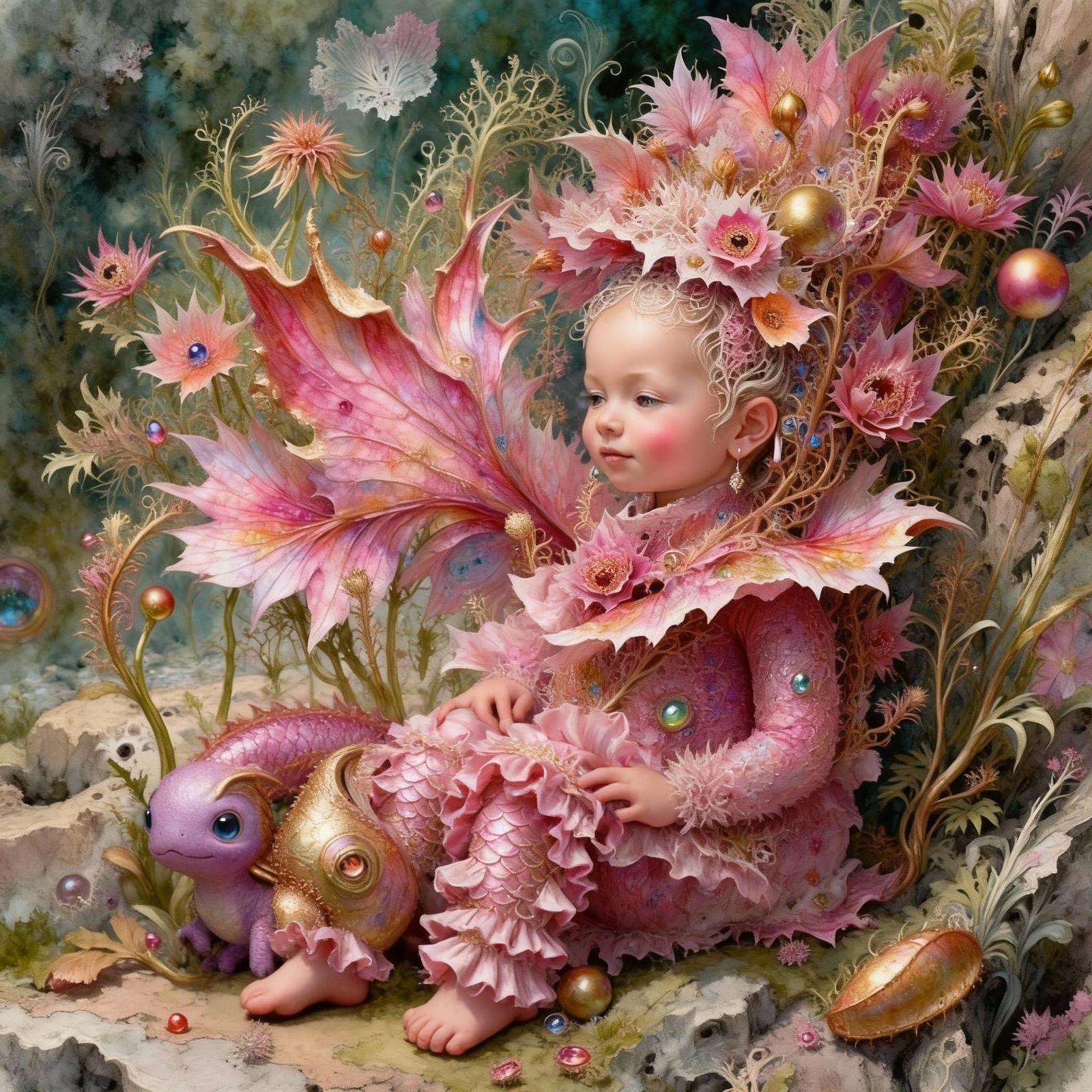 Adorable Elven Baby in Peony Dragon Costume