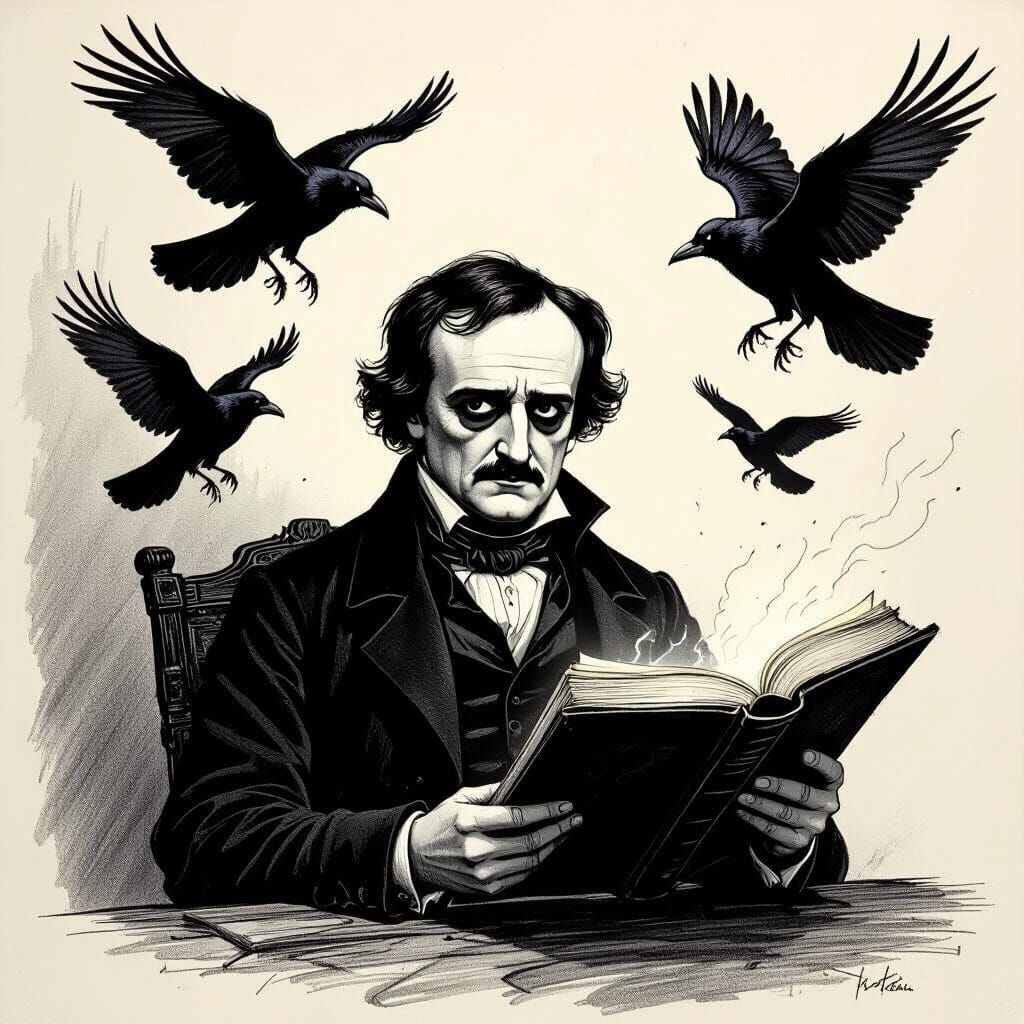 Poe and Ravens in Pencil Sketch Style