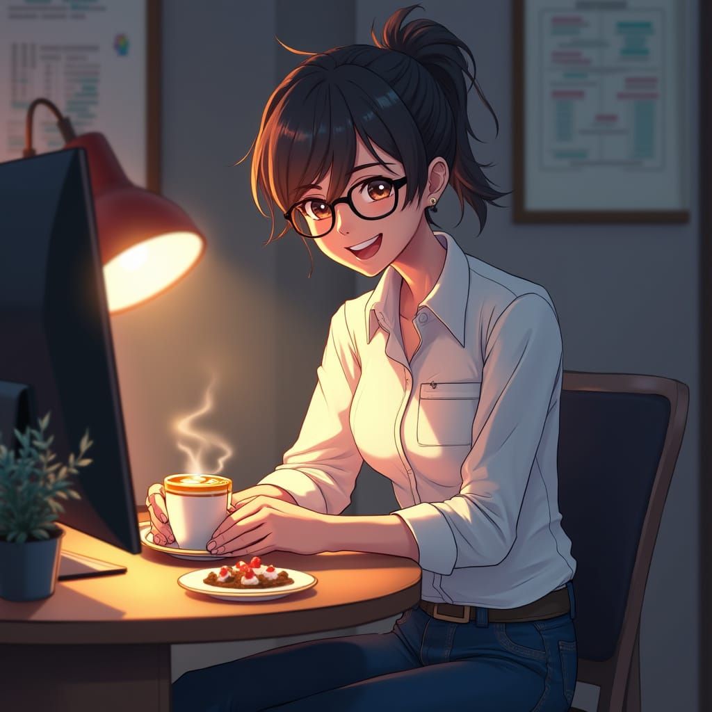 Warm Engineer Shares Cookies and Coffee in Softly Lit Cafe S...