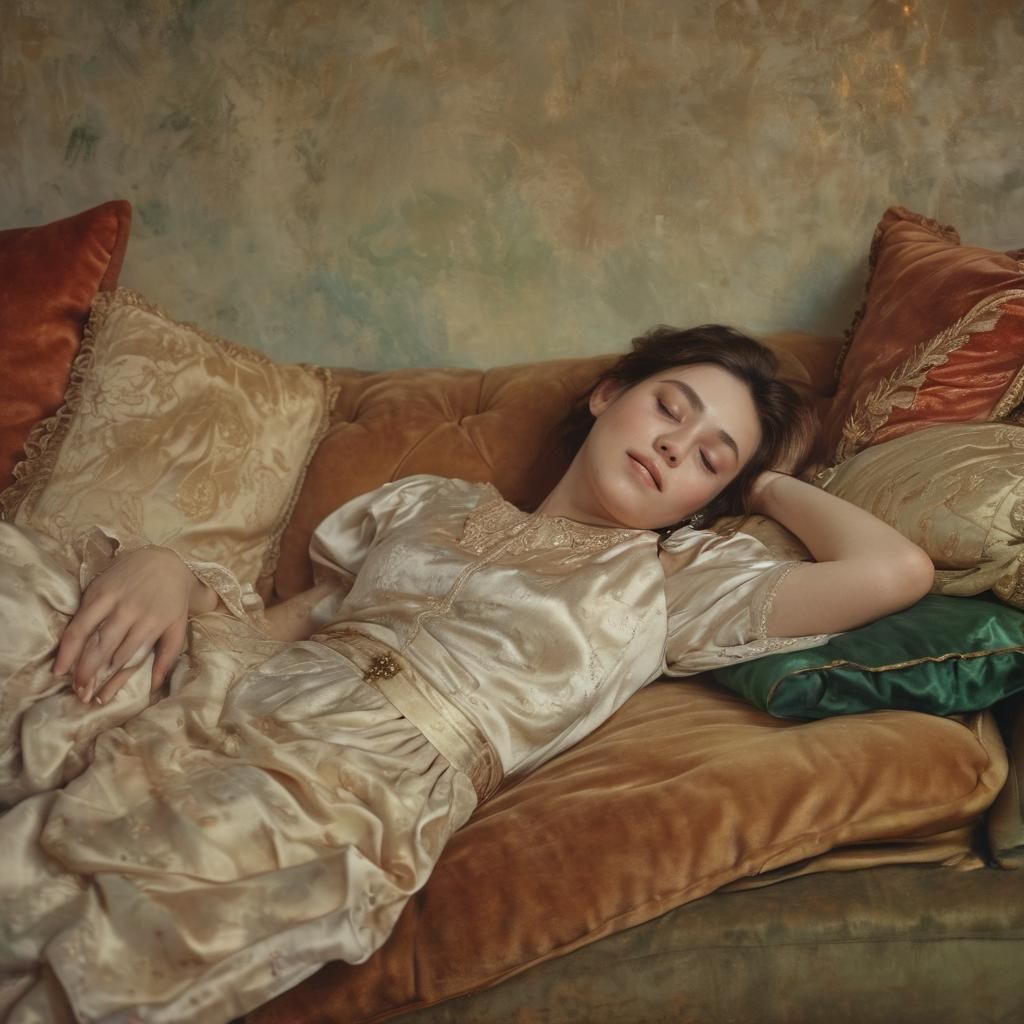 Impressionist Oil Painting of Woman on Velvet Couch