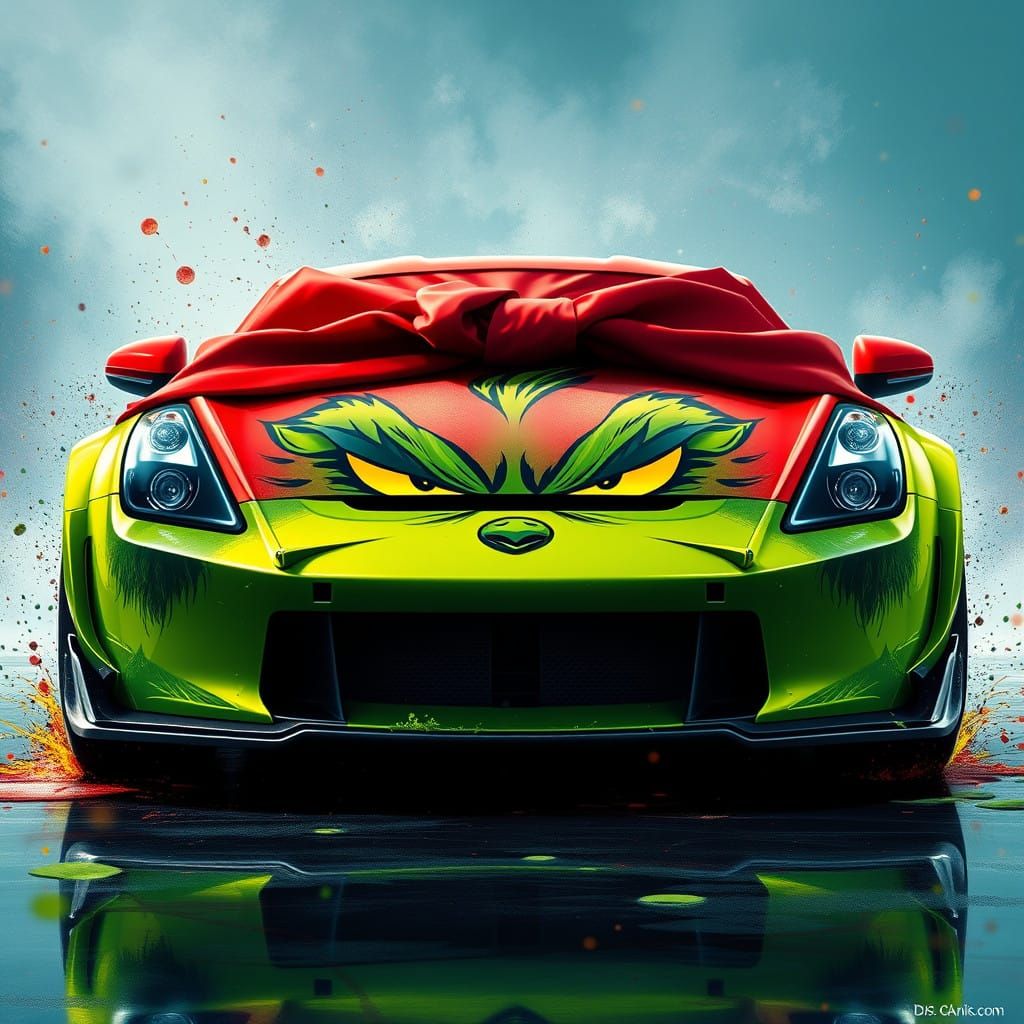 Sports Car Transformed into Whimsical Grinch Masterpiece