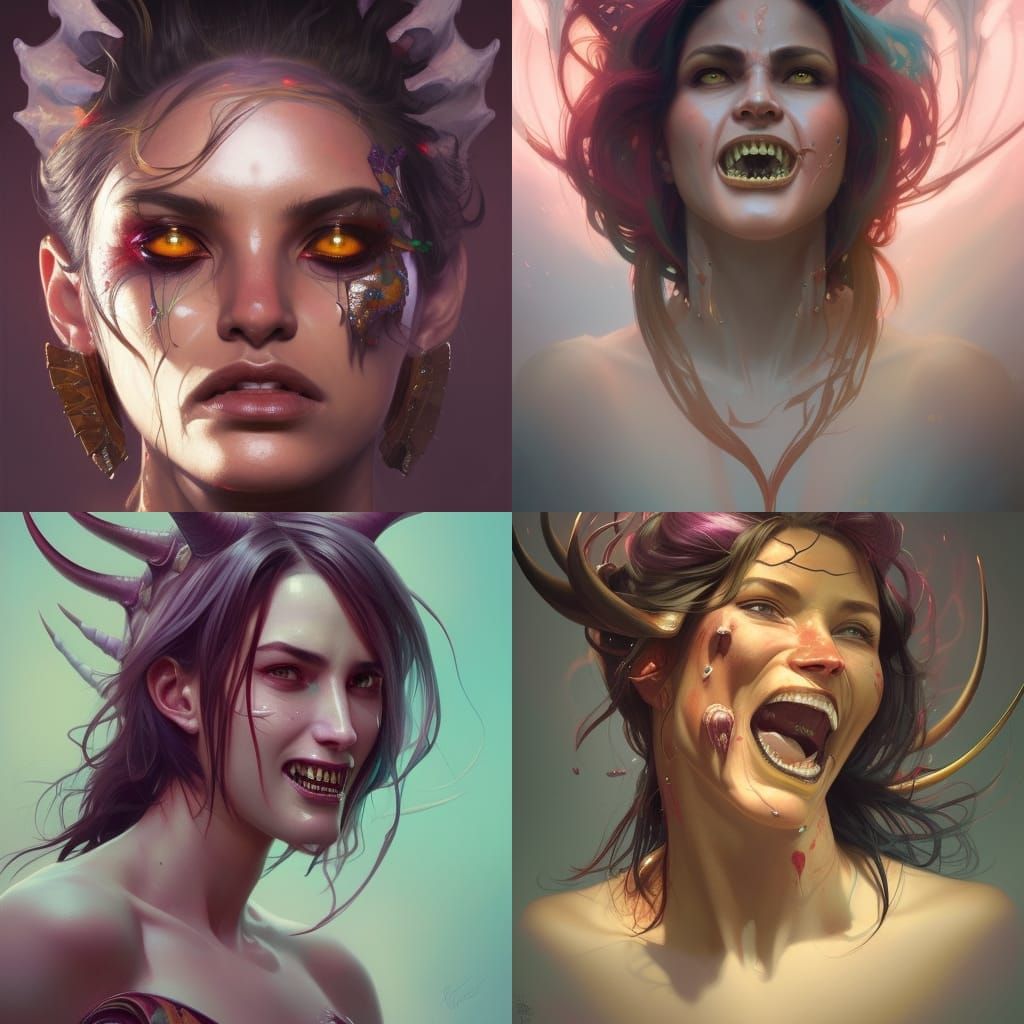 Vibrant Horned Woman Portrait in Hyperdetailed Style