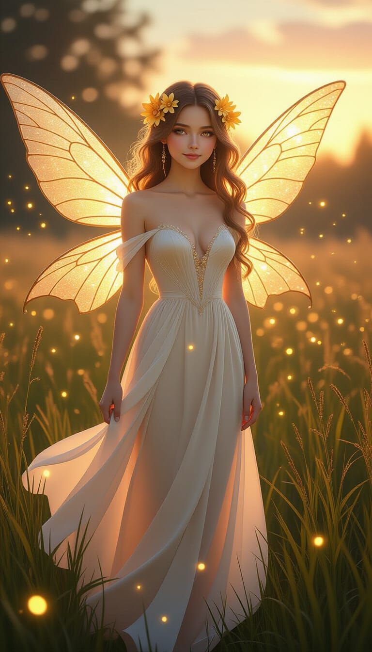 Enchanted Fairy at Sunset in Magical Meadow
