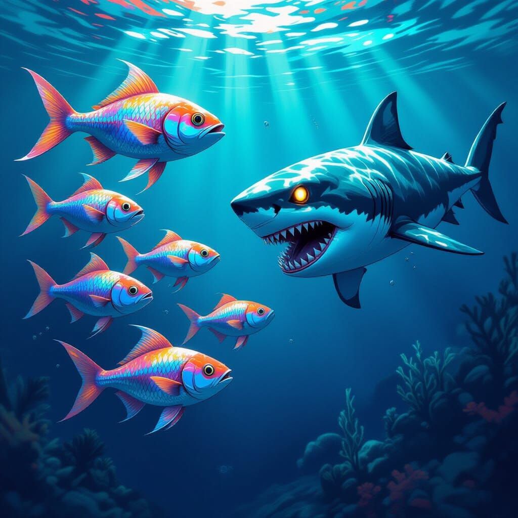 Fantastical Fish Flee Menacing Shark in Vivid Underwater Sce...
