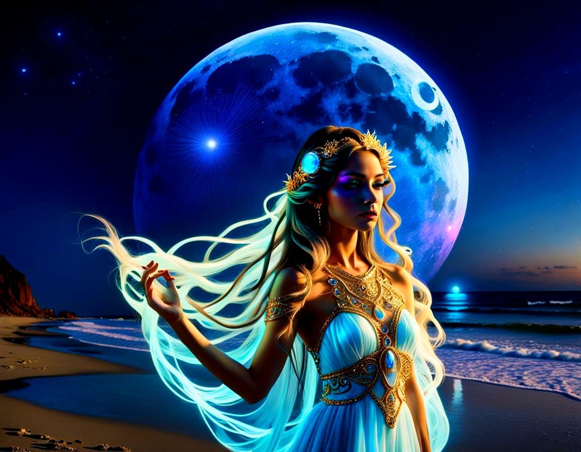 Moon Goddess on Blacklight Beach in Vaporwave Style