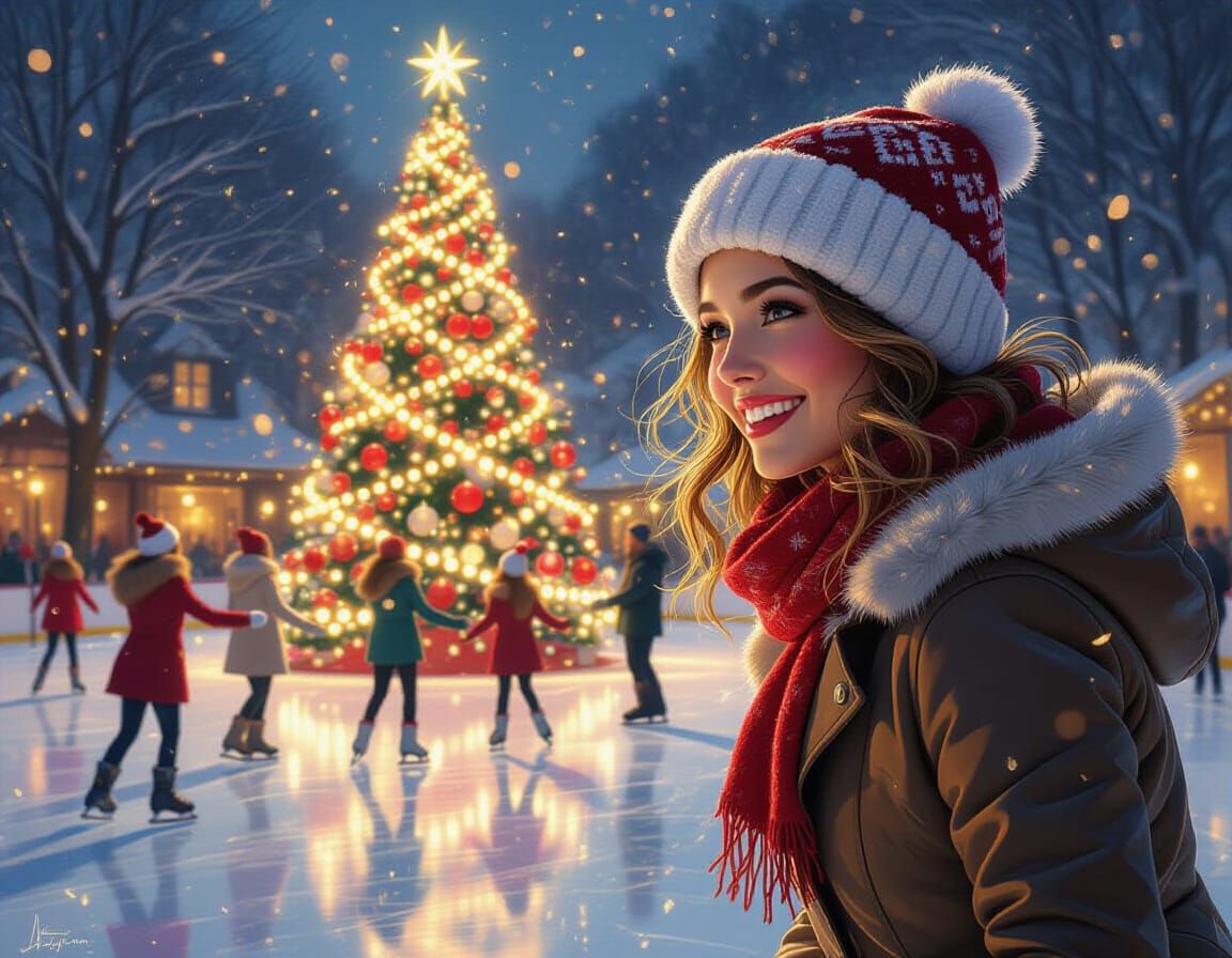Magical Christmas Ice Skating Rink with Luminous Particles