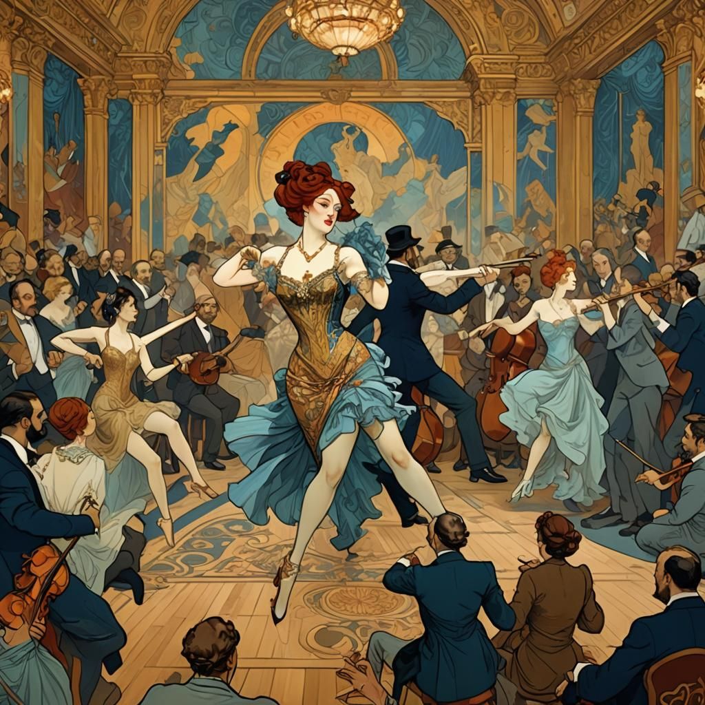 Art Deco Dancers and Musicians in Alphonse Mucha Style
