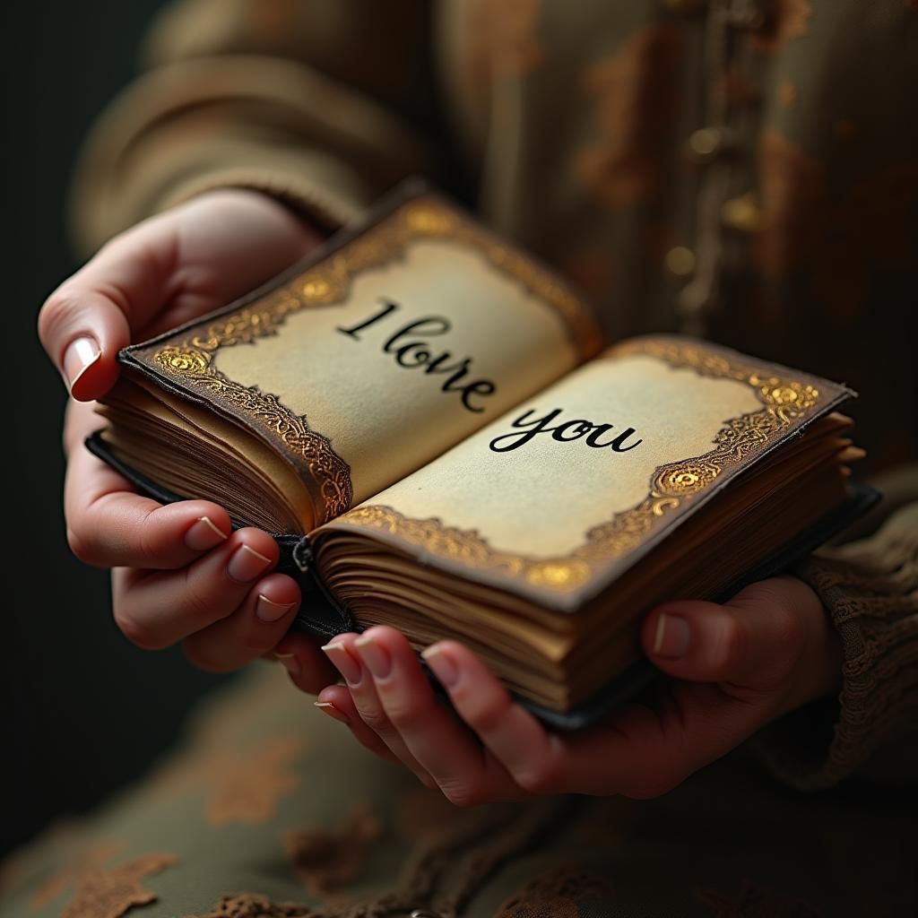Hand Holding Antique Book Saying "I Love You"