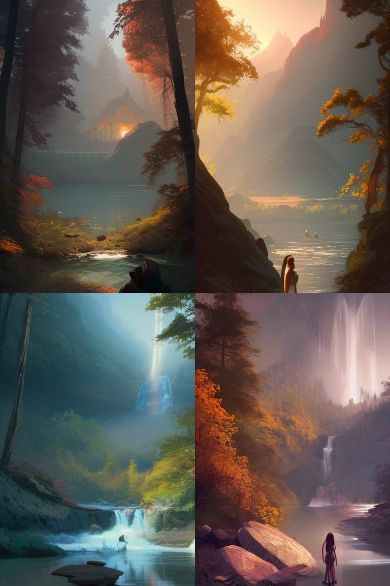 Lush Mountain Forest Falls with Indian Temple