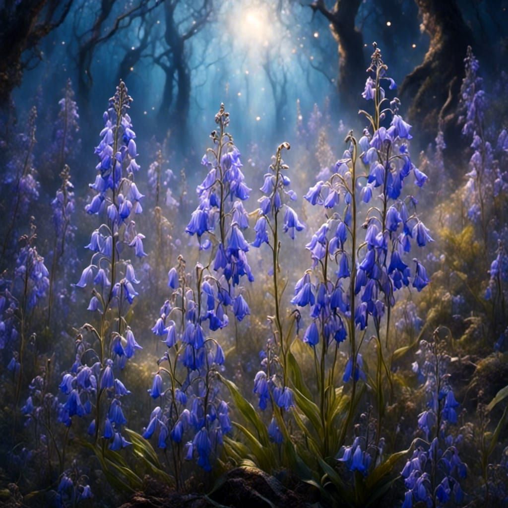 Magical Realism Bluebell in Moonlit Forest
