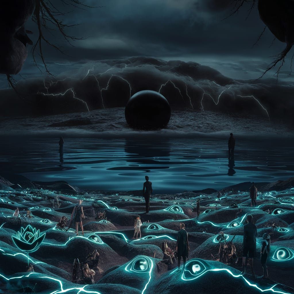 Surreal Cyberpunk Cityscape Merged with Fantasy Landscape