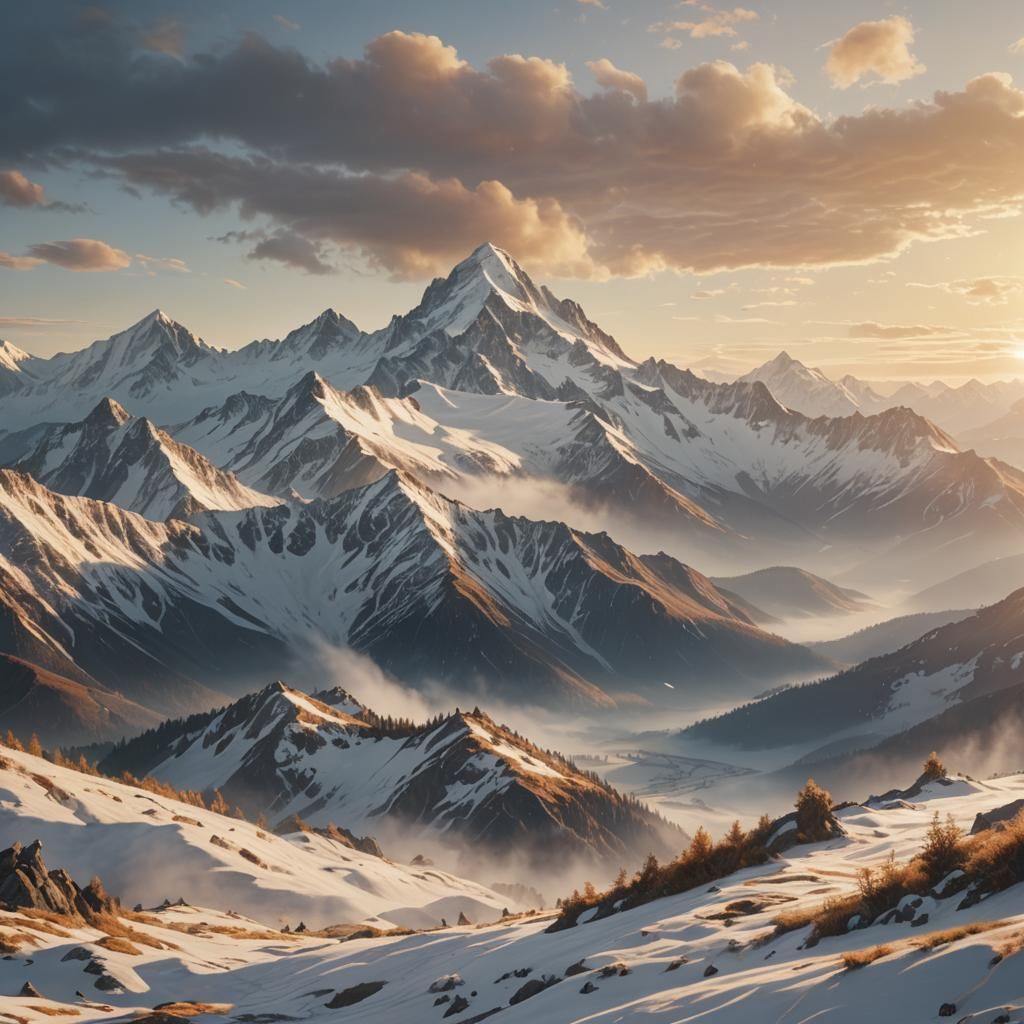 Snow-Capped Mountains at Sunrise: Ethereal Landscape