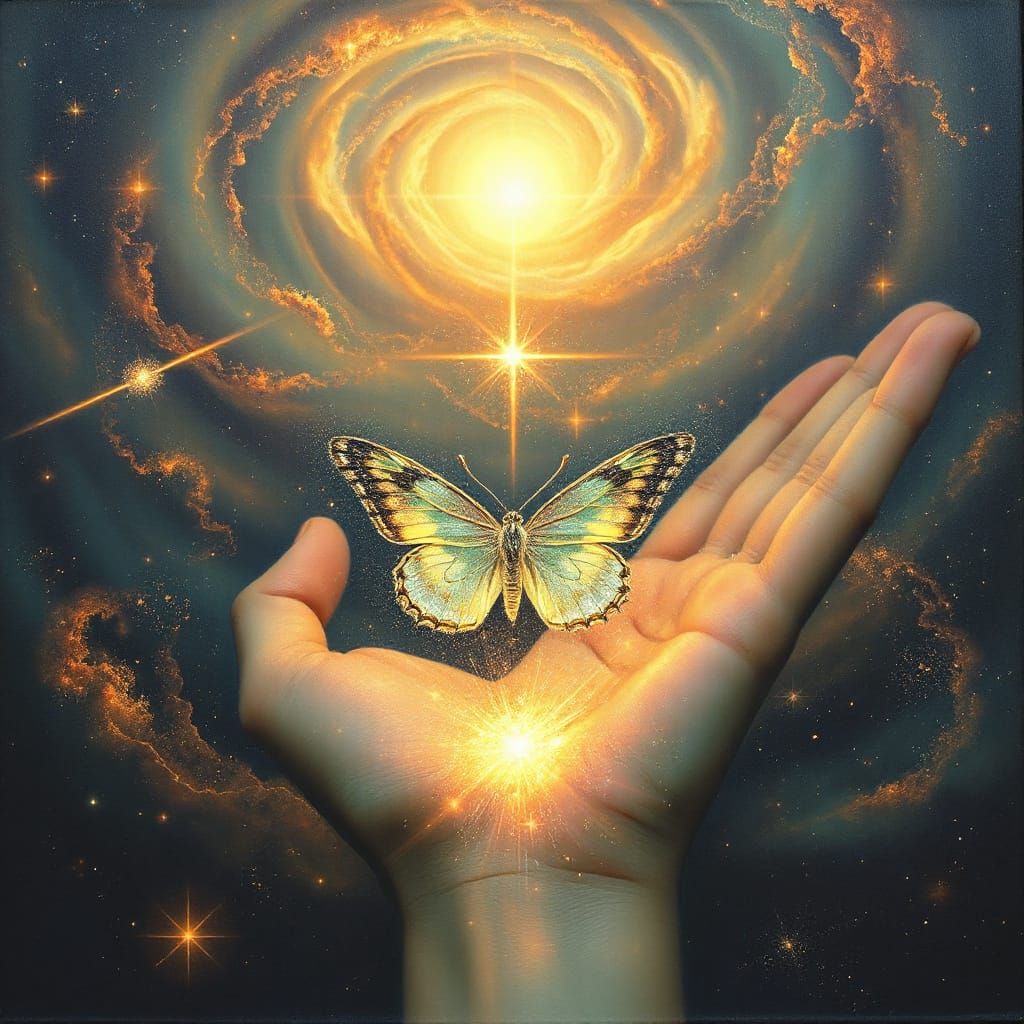 Starlight Butterfly in Cosmic Embrace, Dreamlike Oil Paintin...