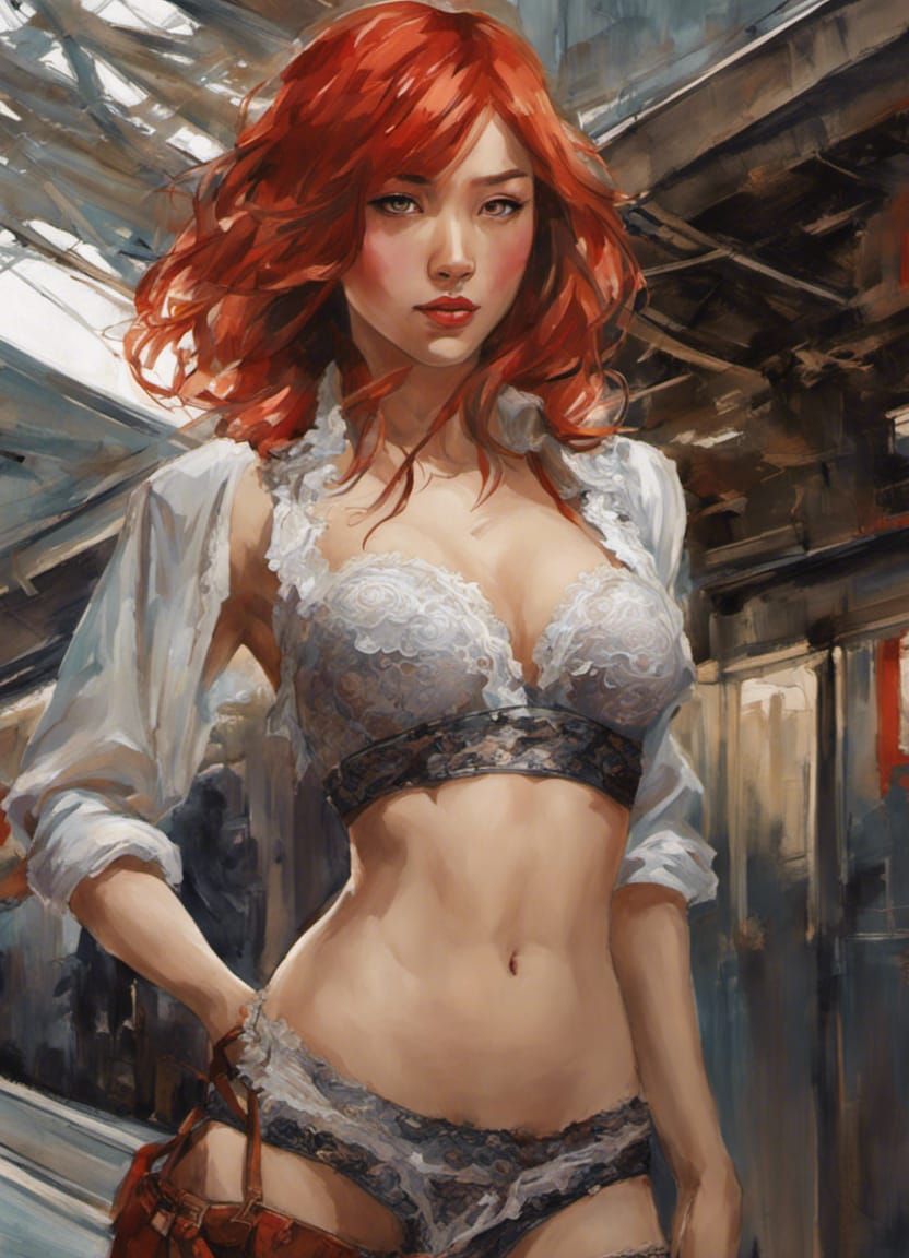 Beautiful Red-Haired Girl at Train Station in Splash Art Sty...