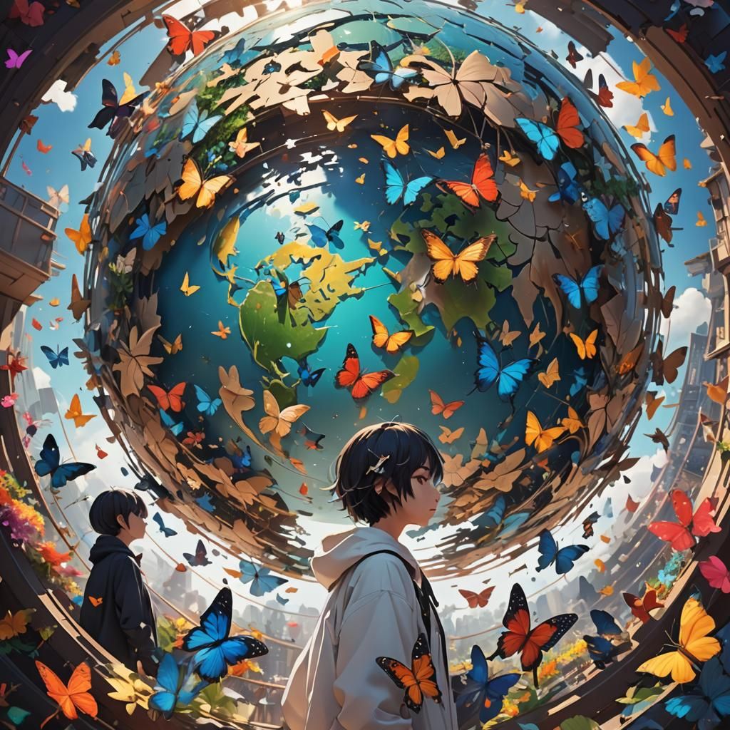 Abstract World in Globe with Butterflies: 3D Anime Art
