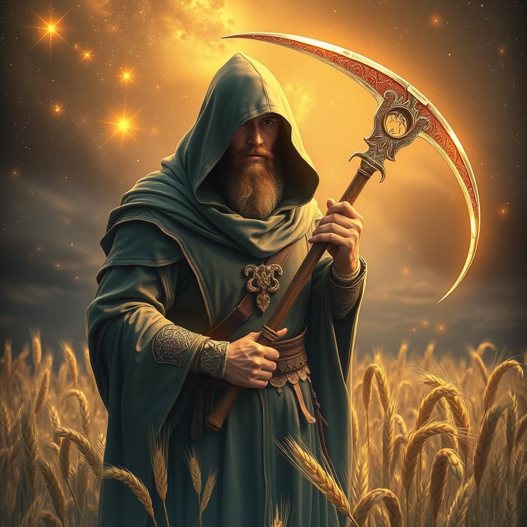 Medieval Man in Glowing Wheat Field, Astral Illustration