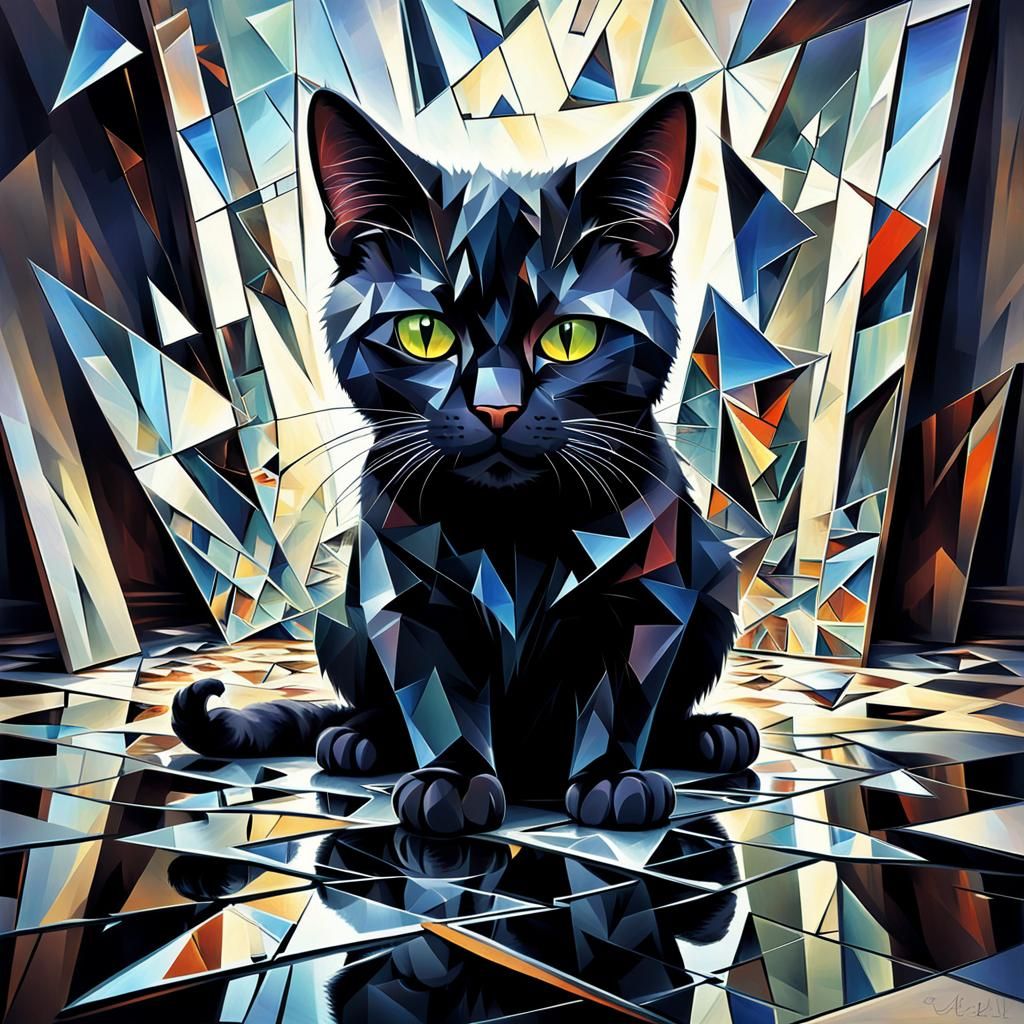 Fractal Reflections of a Black Cat in Cubist Style