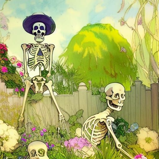Skeletons Gardening with Witch: Watercolour Digital Art
