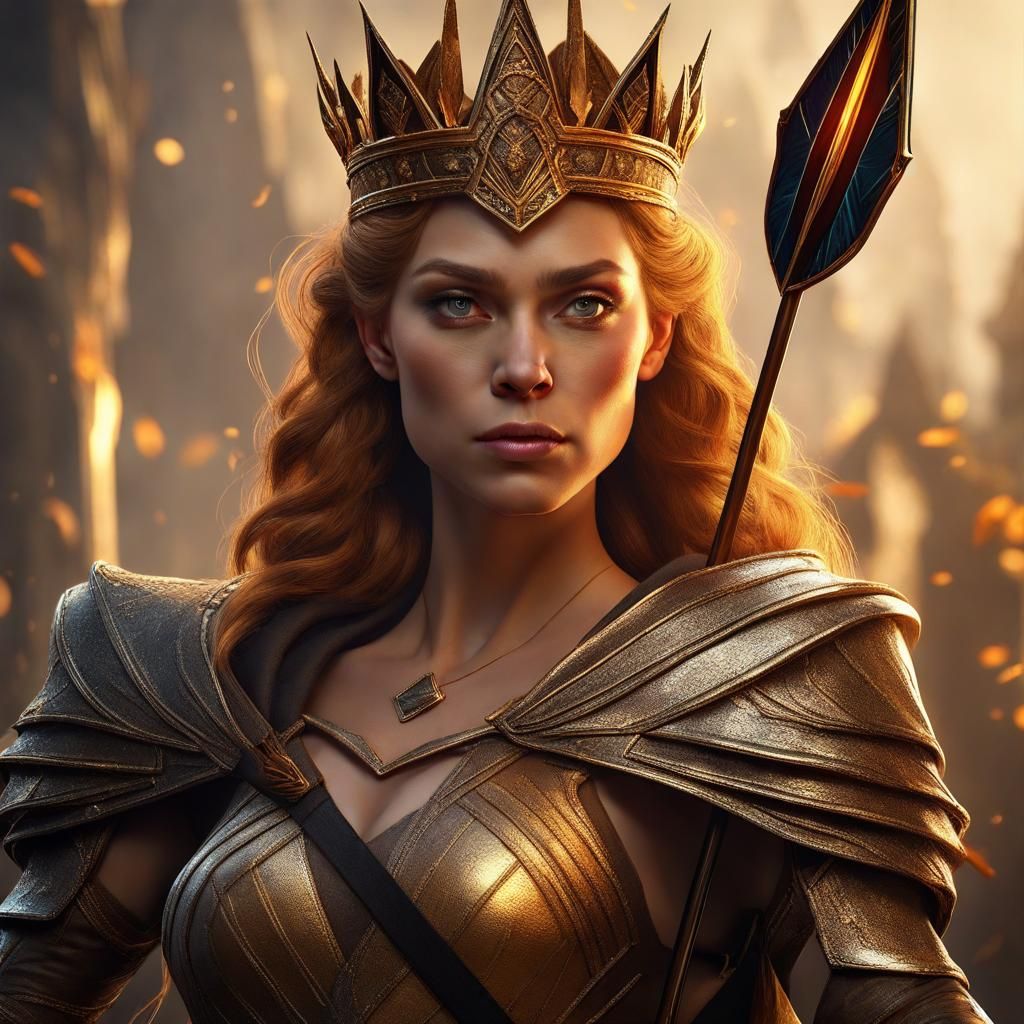 Powerful Queen with Crown and Arrow, Fantasy Art