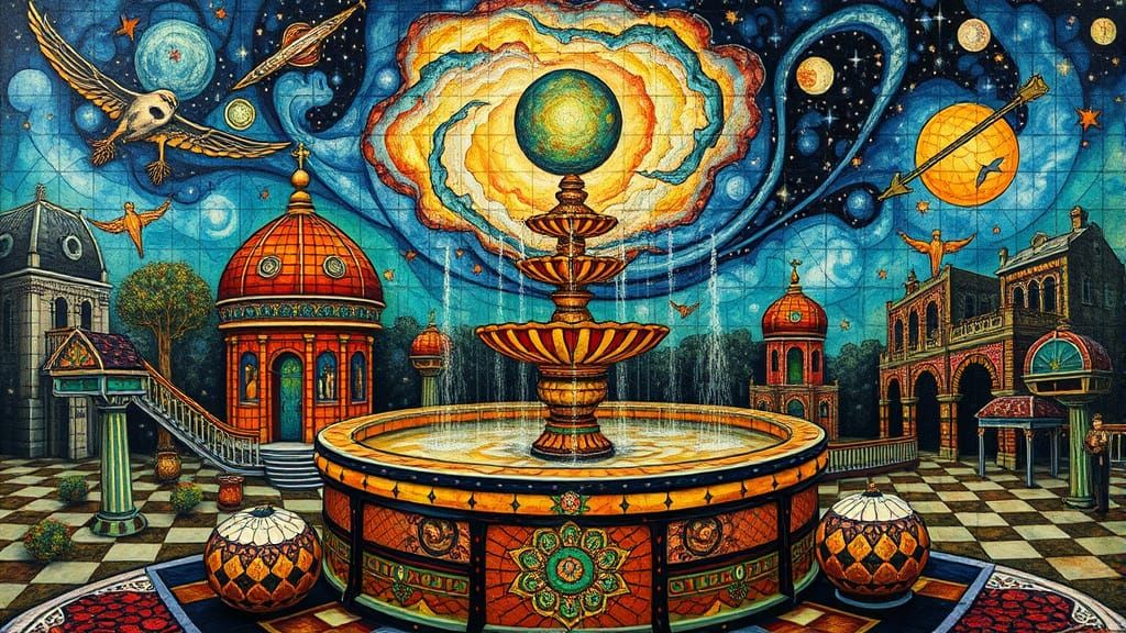 Psychedelic Utopia Fountain in Bosch and Haeckel Style