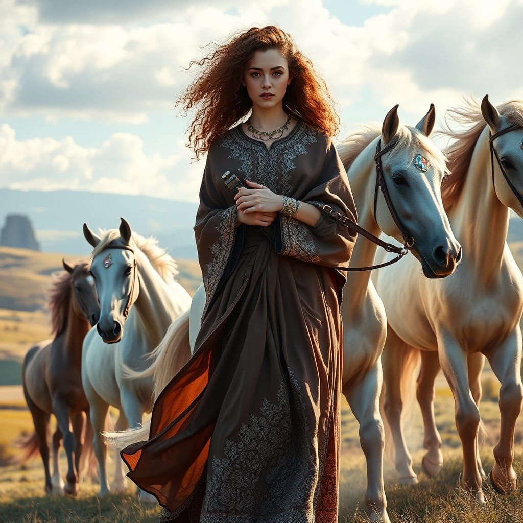 Girl Rides Wild Horses in Dreamlike Landscape