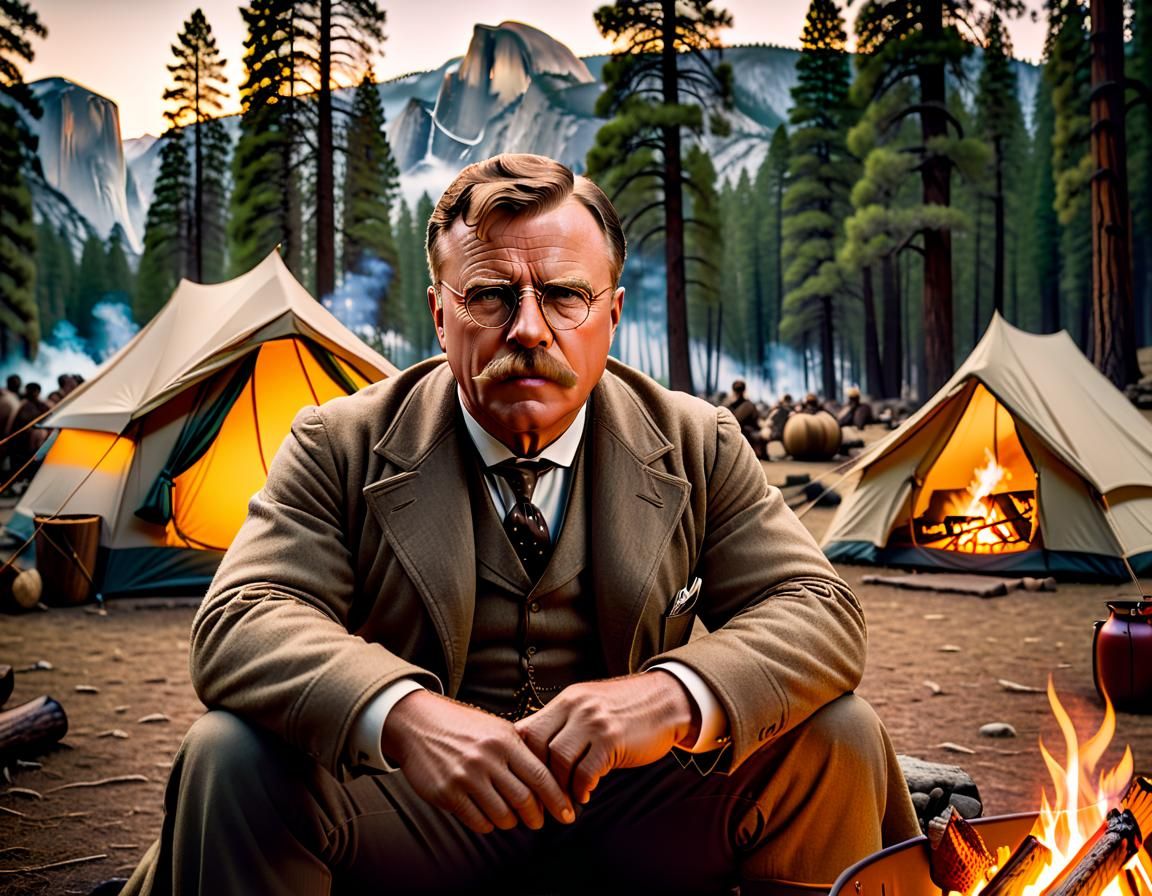 Theodore Roosevelt Camping in Yosemite: Cinematic Film Still