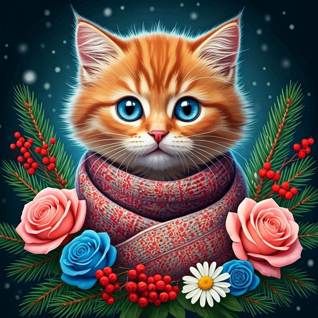 Whimsical Kitten in Winter Garden with Zentangle Details