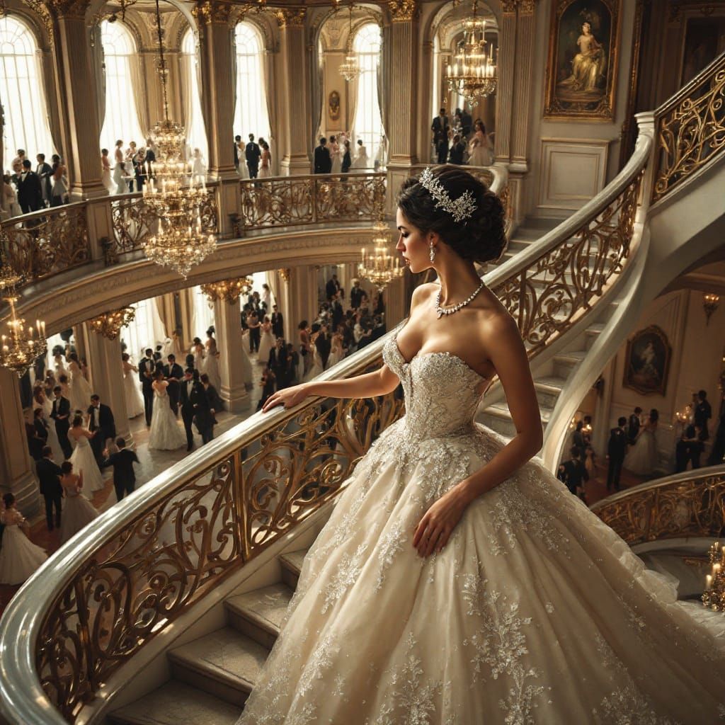 debutante walking down the wide stairs overlooking the ballr...