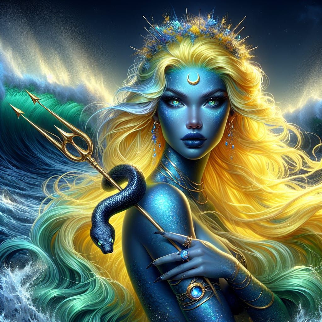 Azure Mermaid Goddess with Trident in Hyperrealistic Style