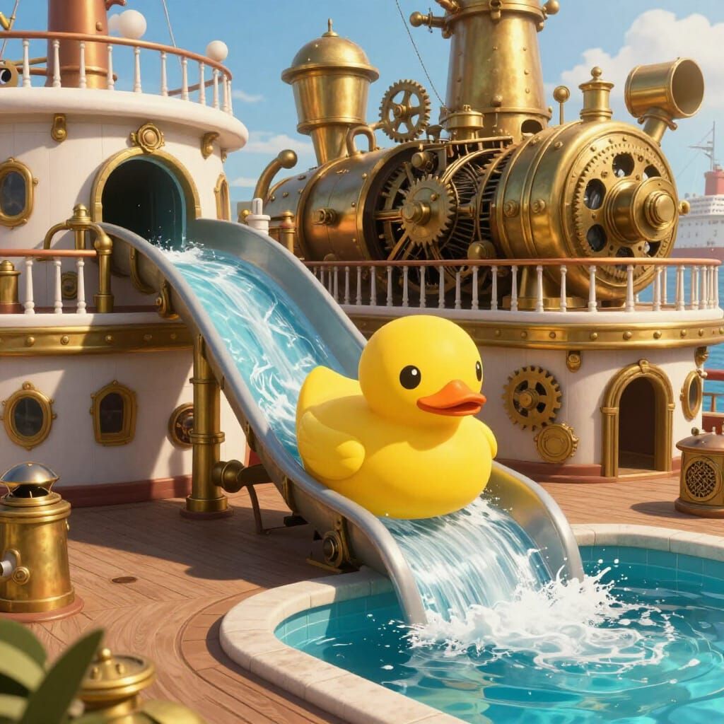Steampunk Duck Slides into Pool on Cruise Ship