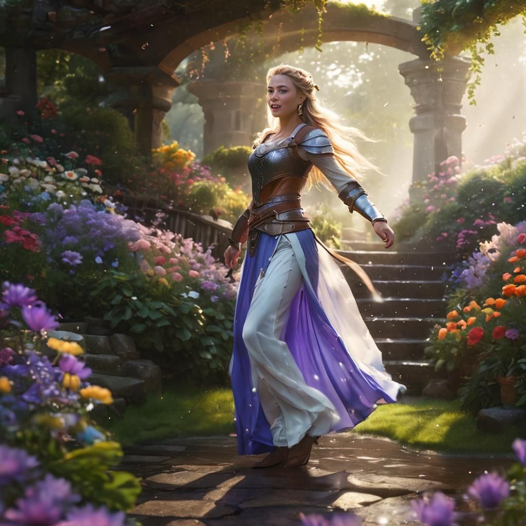 Viking Maiden Dancing in Rainy Flower Garden