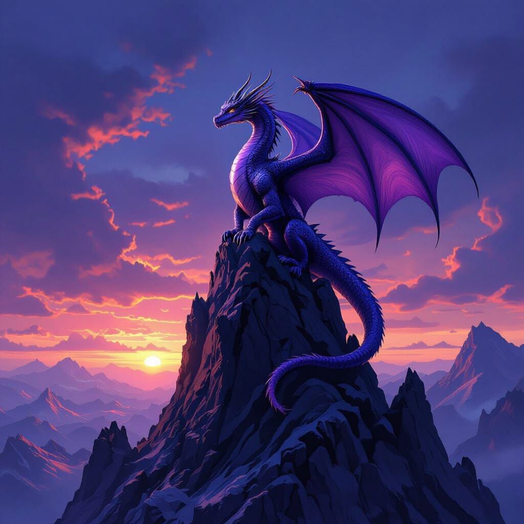 Majestic Purple Dragon on Obsidian Peak at Sunset