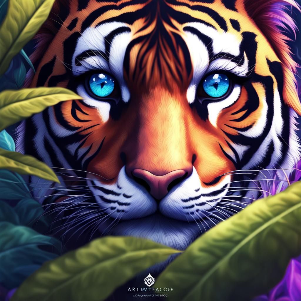 Tiger Peeking From Leaves in Detailed Matte Painting