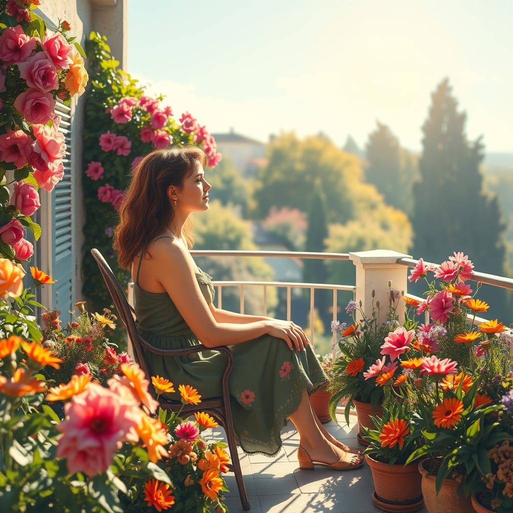 Woman in Flower Garden, Impressionist Style