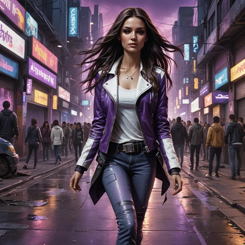 Cyberpunk Brunette in Neon Cityscape