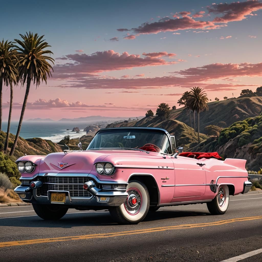 Pink Cadillac Convertible on Pacific Coast Highway