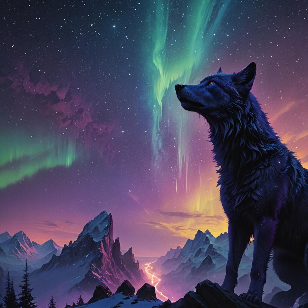 Ethereal Wolf Spirit Under Northern Lights