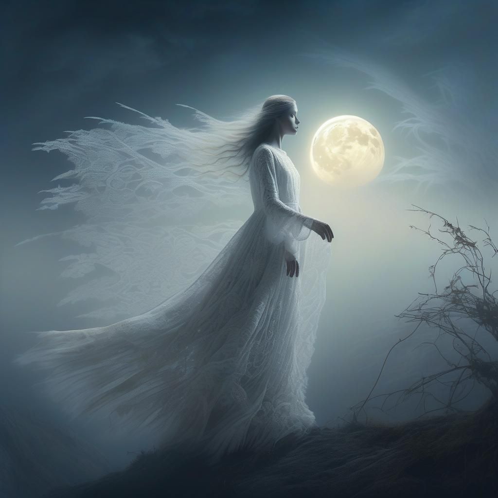 Ethereal White Figure in Moonlight, Digital Matte Painting