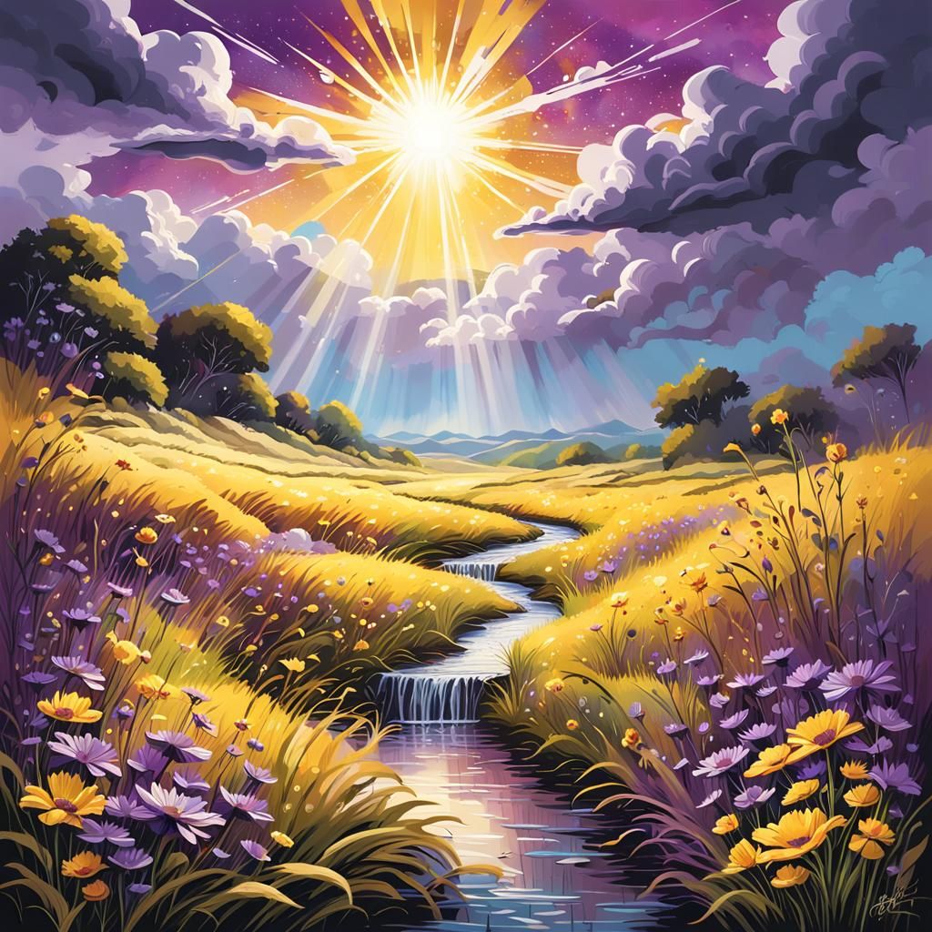 God's Sun Rays Sparkle Through Clouds in Graffiti Art