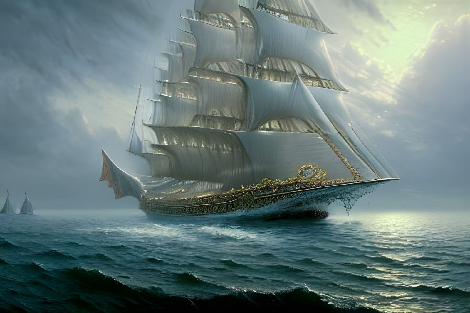 Baroque Catamaran Pulled by Sea Monster: Fantasy Art